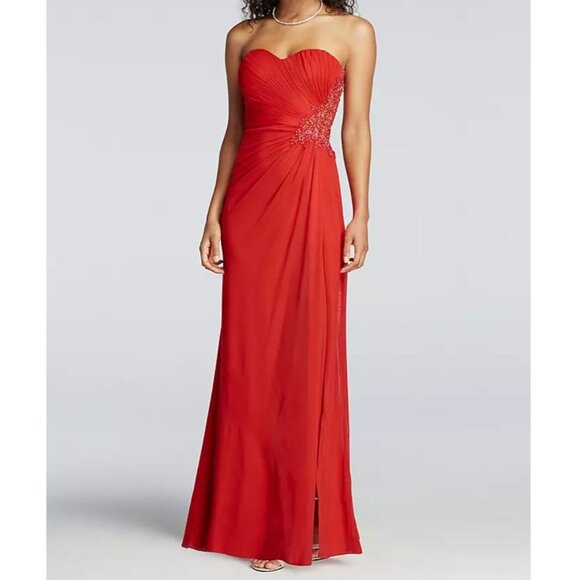 Strapless Red Beaded Cut Out Back Elegant Formal Maxi Dress SZ 6 - Picture 1 of 14